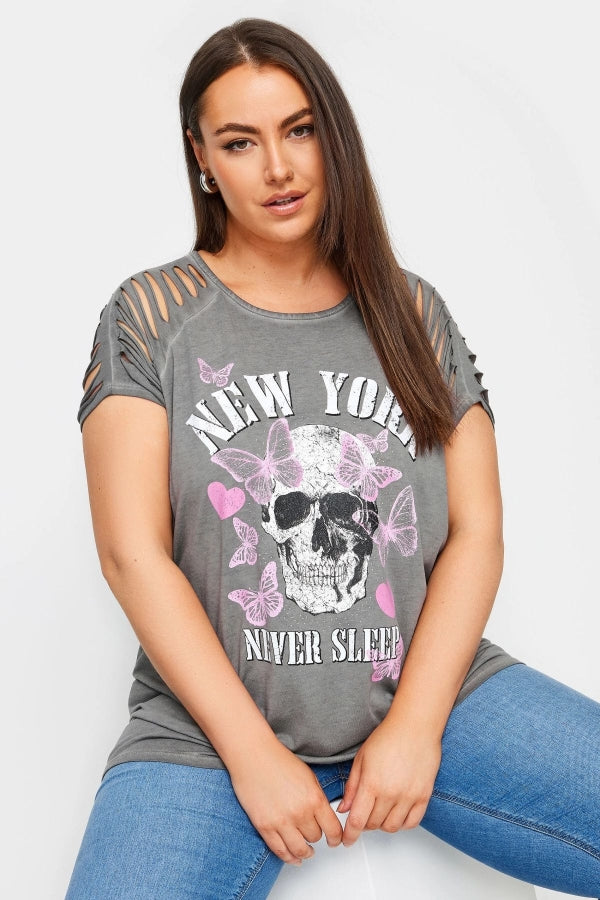 Büyük Beden Bisiklet Yaka Kol ve Omuz Detaylı Baskılı T-shirt 303138 Vervegrand