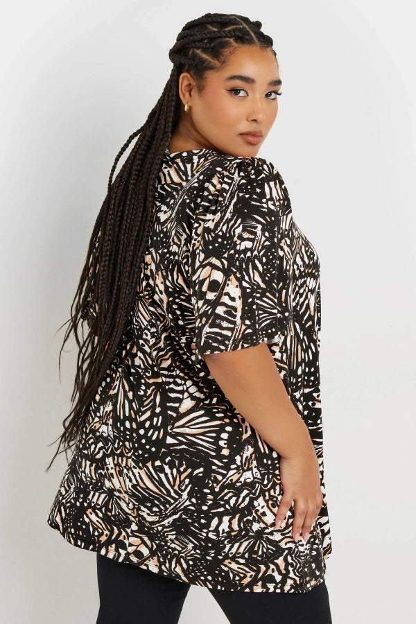 Büyük Beden V Yaka Ön Pileli Kısa Kollu Desenli Bluz 303725 Vervegrand