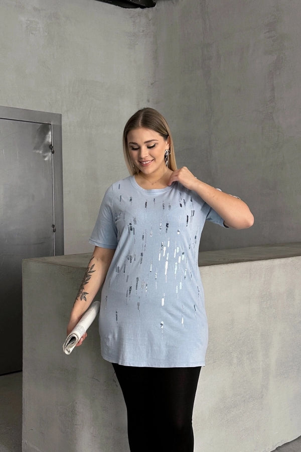 Büyük Beden Bisiklet Yaka Payet Süslemeli Kısa Kollu T-shirt 302015 Vervegrand