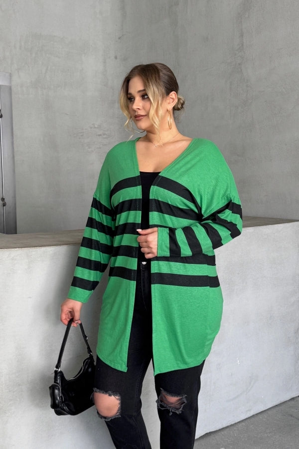 Büyük Beden Midi Boy Uzun Kollu Çizgili İnce Hırka 301568 Vervegrand