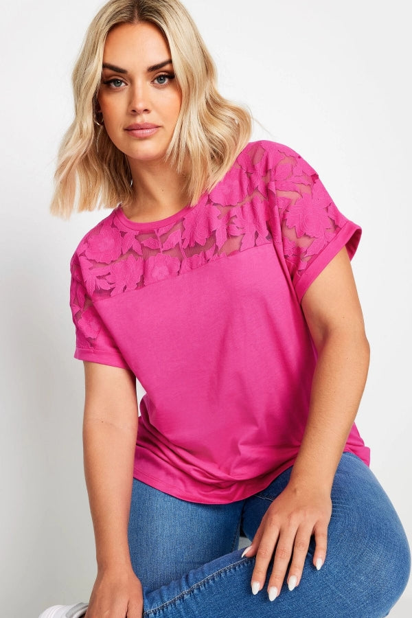 Büyük Beden Bisiklet Yaka Tül Detaylı Kısa Kollu T-shirt 321835 Vervegrand