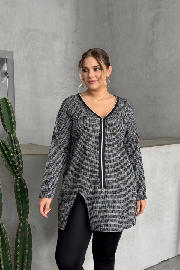 Büyük Beden V Yaka Önü Fermuarlı Yırtmaç Detaylı Bluz 173658 Vervegrand