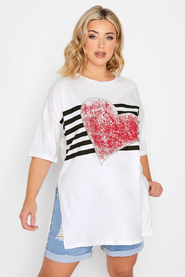 Vervegrand büyük beden kalp baskılı beyaz kadın t-shirt