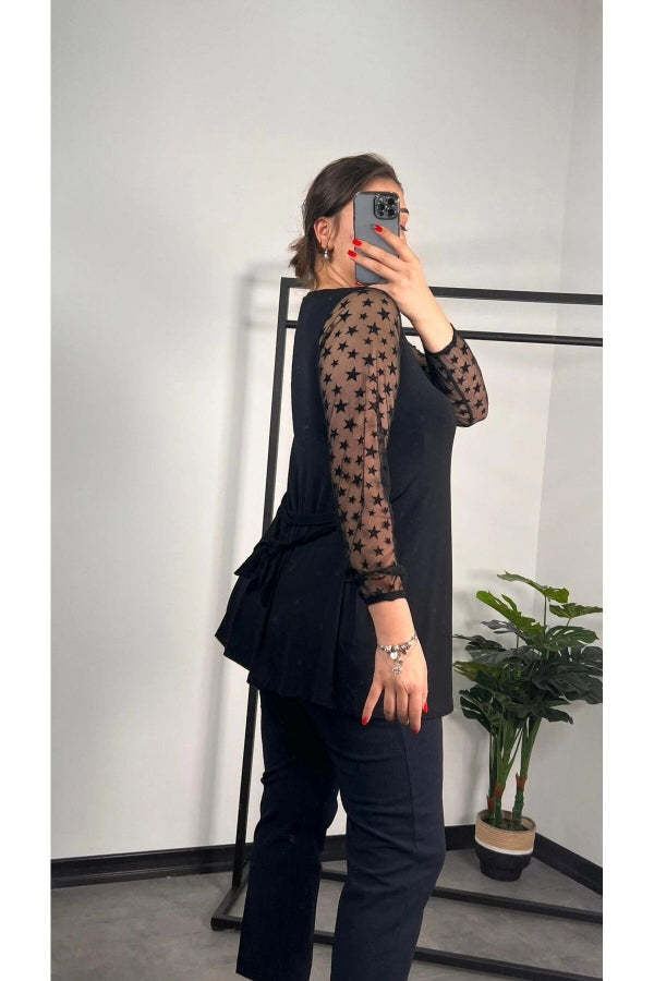 Büyük Beden Bisiklet Yaka Kolları Tül Detaylı Kemerli Bluz 300309 Vervegrand