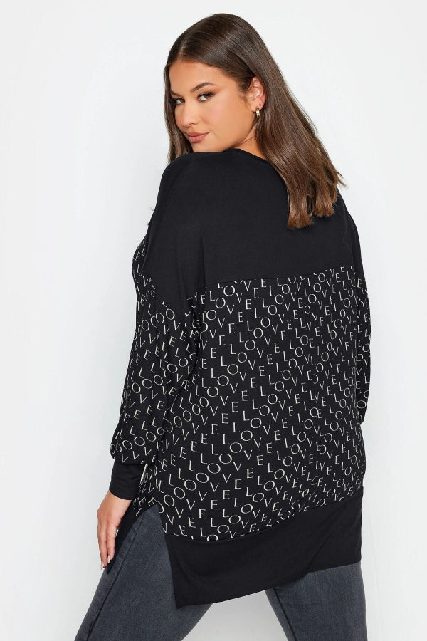 Büyük Beden Bisiklet Yaka Yazı Desenli Yanı Yırtmaçlı Uzun Kollu Bluz 302499 Vervegrand