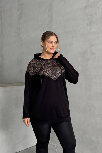 Büyük Beden Kapüşonlu Kapitone Detaylı Siyah Sweatshirt ön görünüm