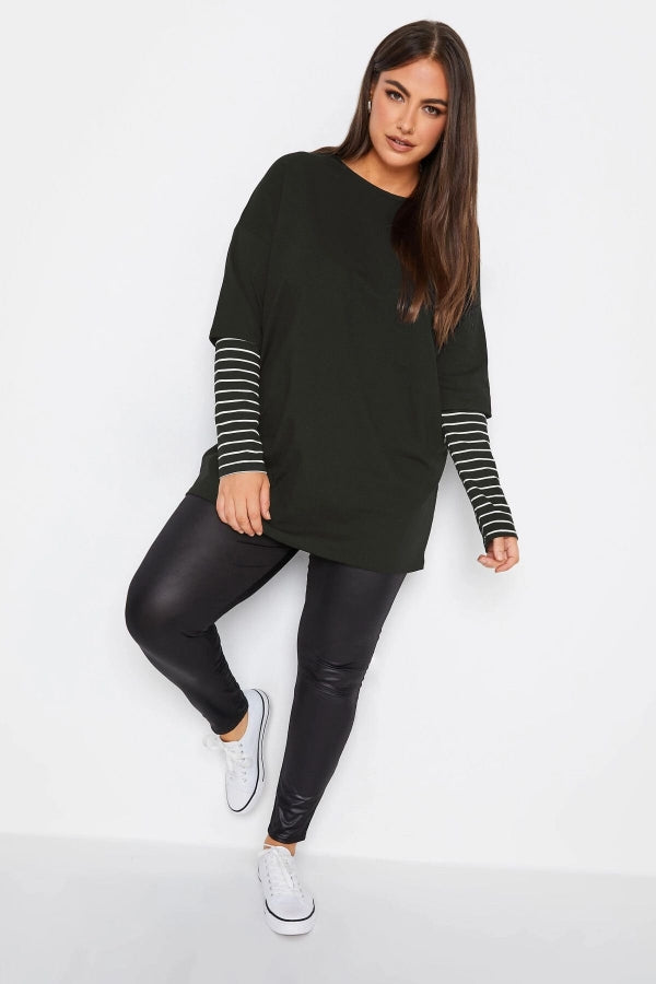 Büyük Beden Bisiklet Yaka Uzun Kollu Çift Katlı Kolları Çizgili T-shirt 302558 Vervegrand