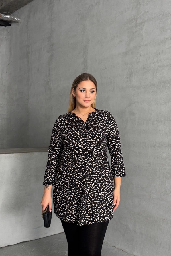 Büyük Beden Gömlek Yaka Yarım Kollu Desenli Esnek Bluz 322268 Vervegrand