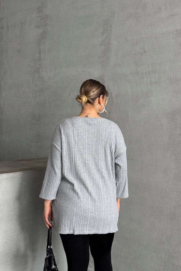 Büyük Beden Bisiklet Yaka Yarım Kollu Yırtmaçlı Fitilli İnce Bluz 173712 Vervegrand