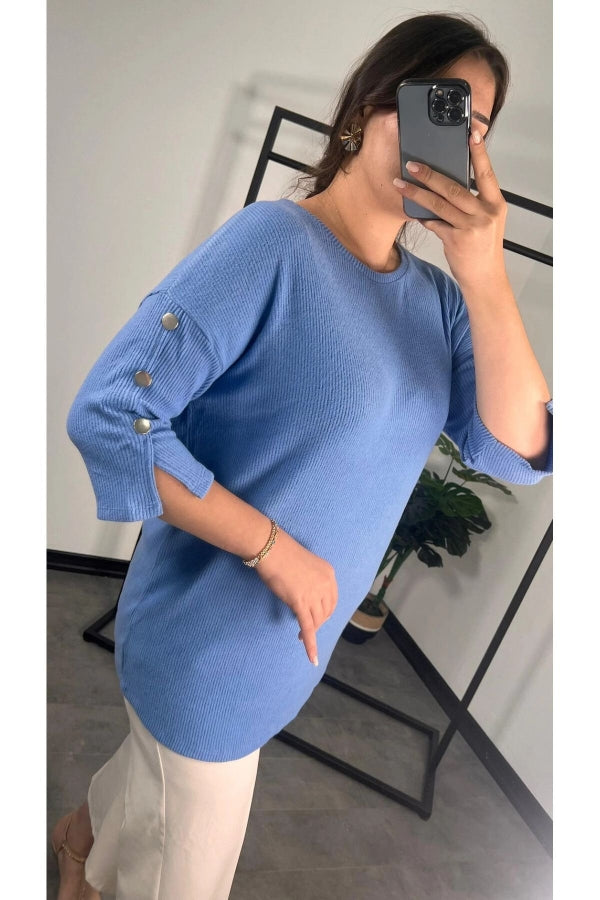 Büyük Beden Bisiklet Yaka Yarım Kollu Düğme Detaylı Bluz 301597 Vervegrand