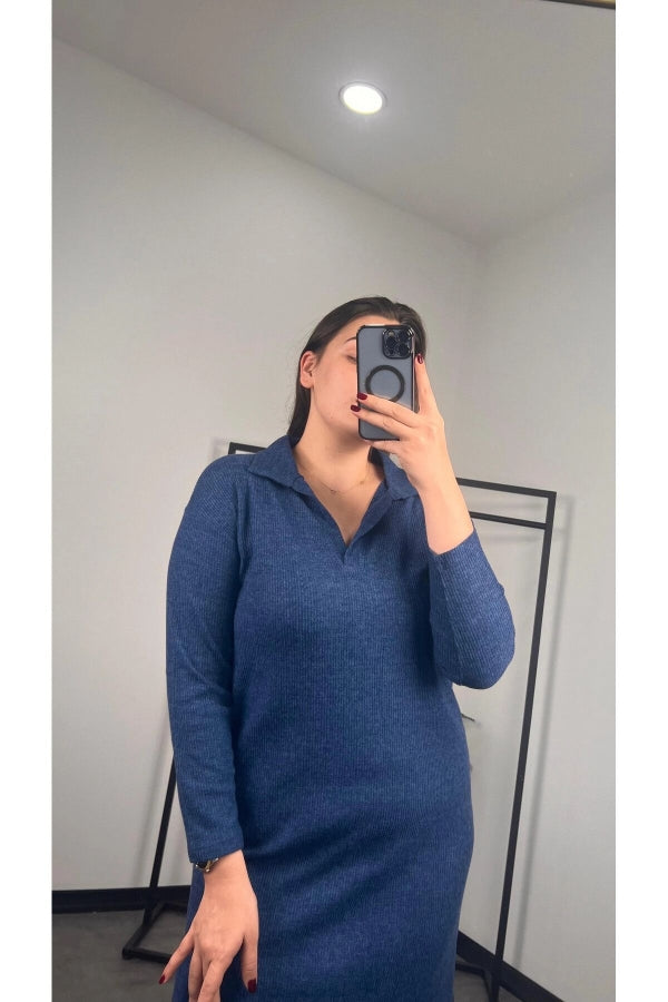 Büyük Beden Polo Yaka Yırtmaç Detaylı Midi Boy Triko Elbise 301514 Vervegrand