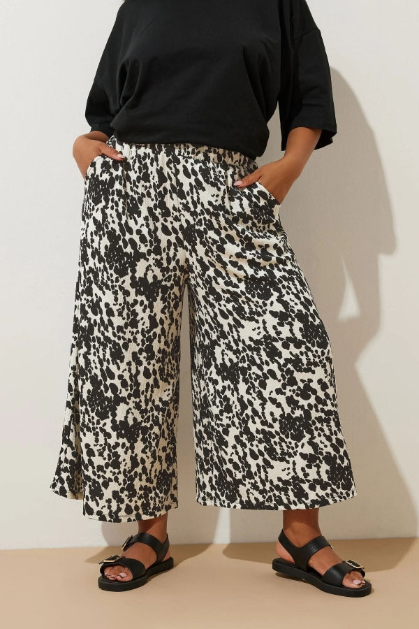 Büyük Beden Beli Lastikli Cepli Desenli Kapri Pantolon 145278 Vervegrand