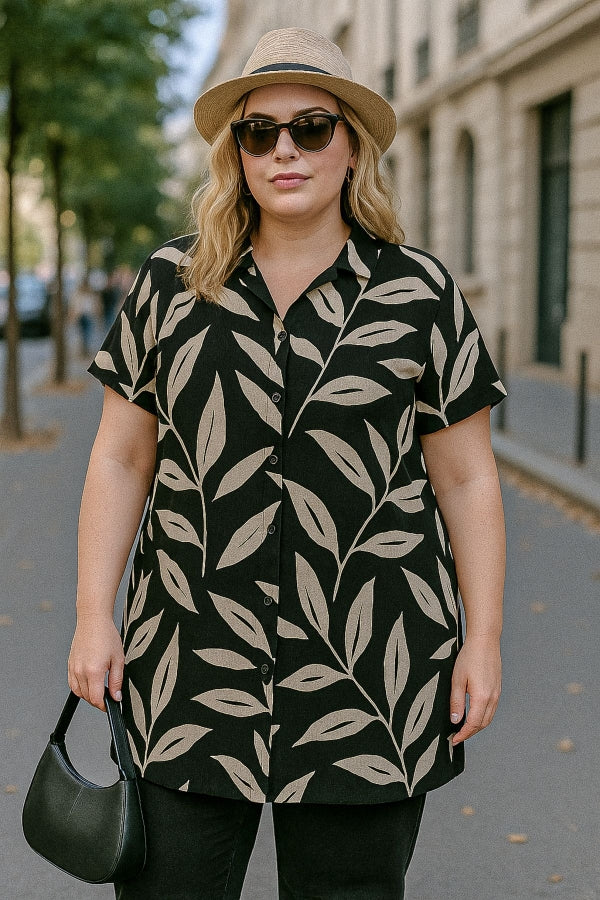 Büyük Beden Kısa Kollu Önü Düğmeli Desenli Gömlek 321855 Vervegrand