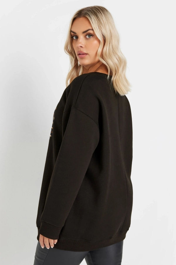 Büyük Beden Uzun Kollu Bisiklet Yaka Leopar Kalp Baskılı Sweatshirt 303752 Vervegrand