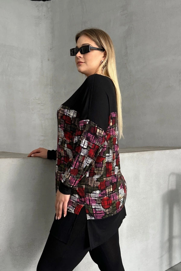 Büyük Beden V Yaka Uzun Kollu Desenli Likralı Bluz 303363 Vervegrand