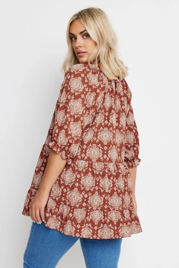 Büyük Beden V Yaka Yarım Kollu Fırfır Detaylı Desenli Bluz 321990 Vervegrand