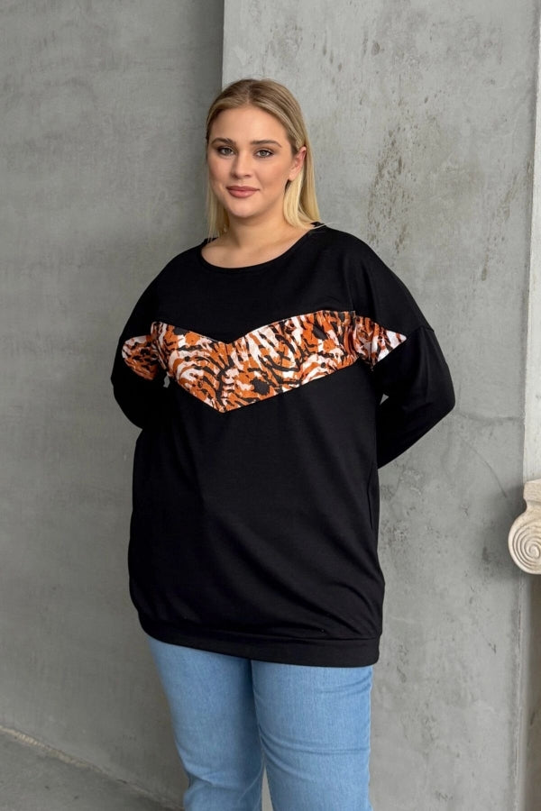 Büyük Beden Bisiklet Yaka Uzun Kollu Leopar Desenli Sweatshirt 300281 Vervegrand