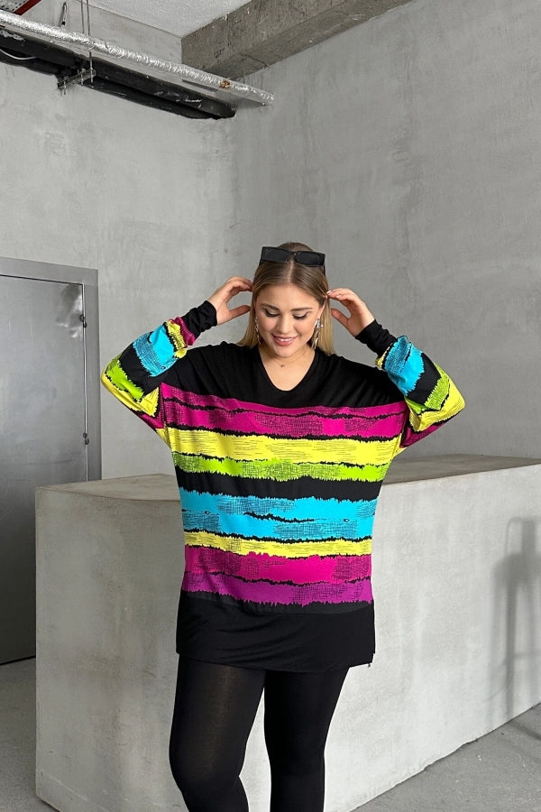 Büyük Beden V Yaka Çizgili Yanları Yırtmaçlı Uzun Kollu Bluz 302014 Vervegrand