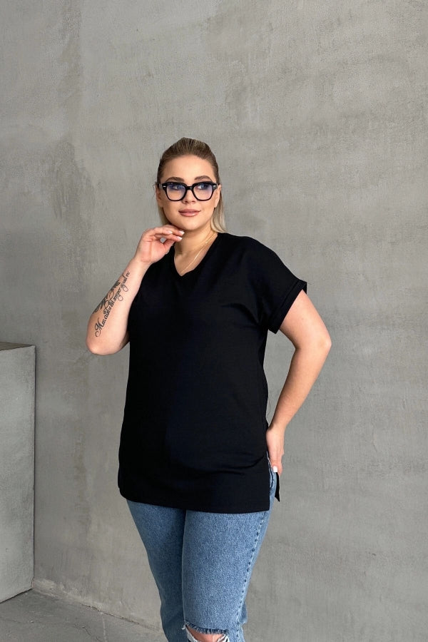 Büyük Beden Kısa Kollu V Yaka Yanları Yırtmaçlı Basic T-shirt RFT-02 Vervegrand