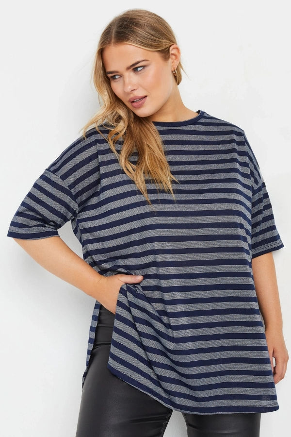 Büyük Beden Bisiklet Yaka Kısa Kollu Çizgili Yanları Yırtmaçlı T-shirt 303611 Vervegrand