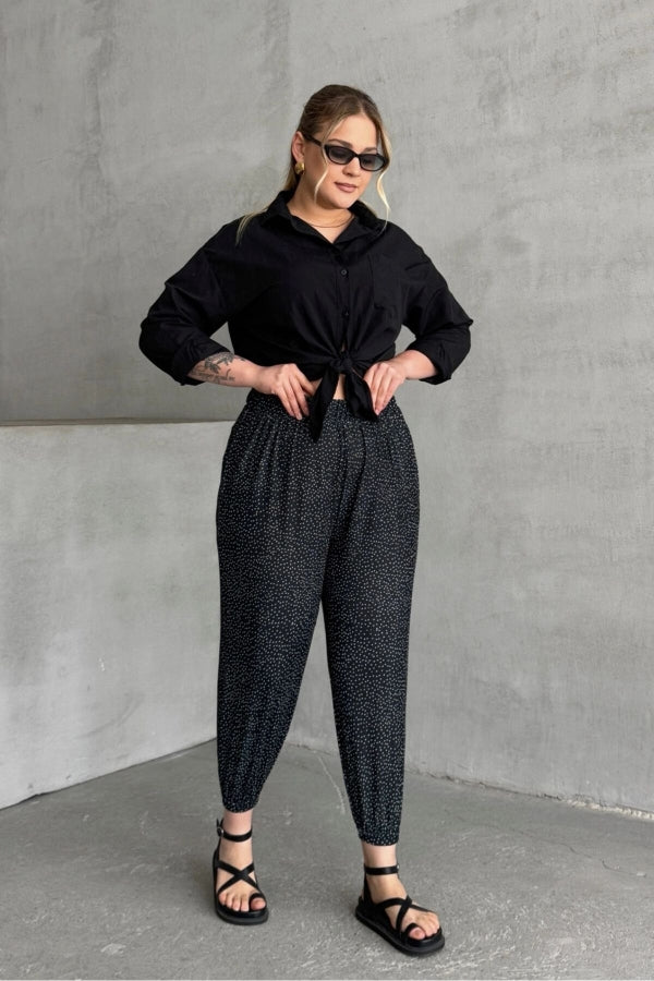 Büyük Beden Beli ve Paçası Lastikli Cepli Desenli Şalvar Pantolon 74-73 Vervegrand