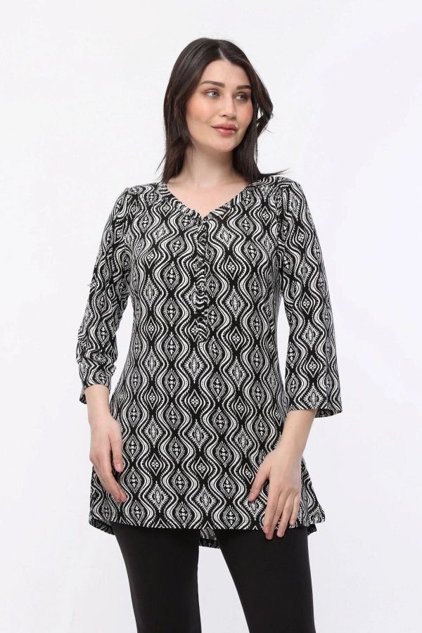 Büyük Beden Desenli Önü Düğmeli Fakir Kol Bluz E15156 Vervegrand