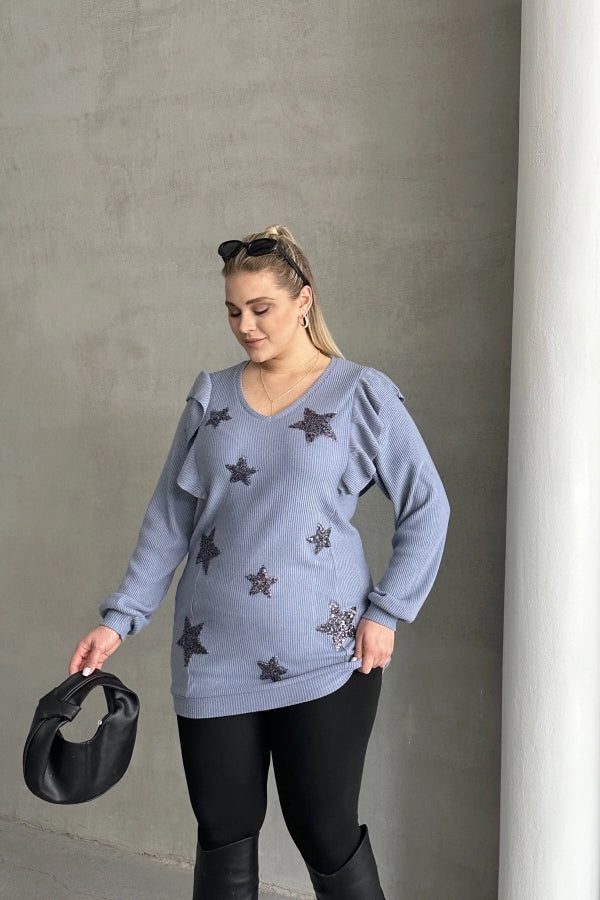 Büyük Beden Uzun Kolları Fırfırlı Yıldız Desen İşlemeli Bluz 301234 Vervegrand