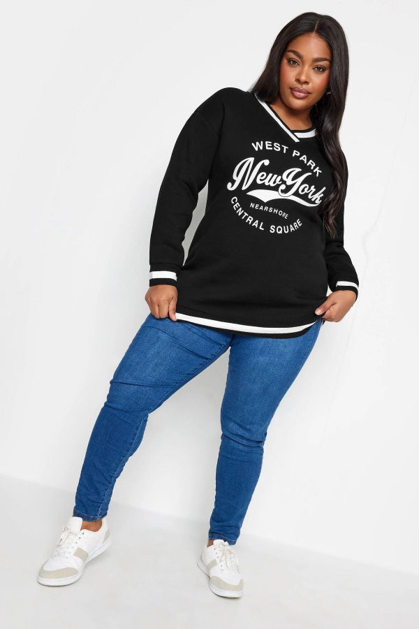Vervegrand büyük beden uzun kollu şerit detaylı siyah sweatshirt