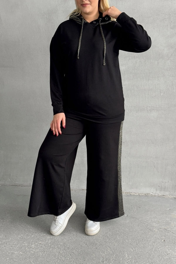 Büyük Beden Uzun Kollu Kapüşonlu ve Bol Paça Cepsiz Eşofman Takımı 106-73-74 Vervegrand