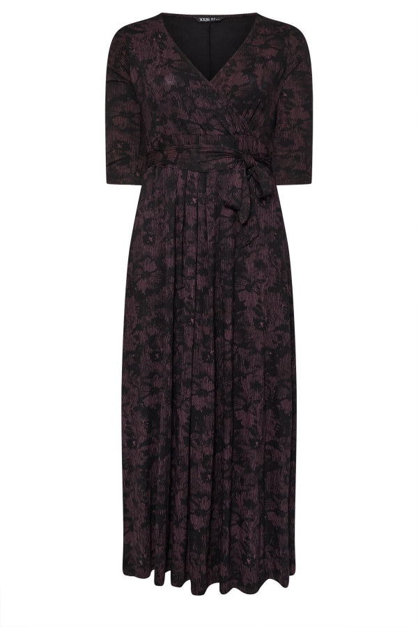 Büyük Beden V Yaka Kuşaklı Truvakar Kol Uzun Kesim Desenli Elbise 303649 Vervegrand