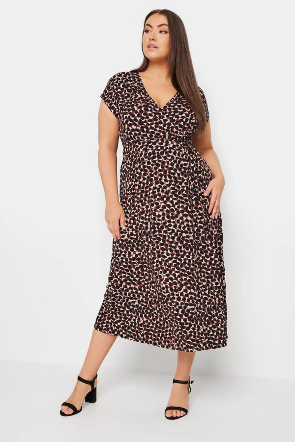 Büyük Beden V Yaka Desenli Kemer Detaylı Midi Boy Elbise 303273 Vervegrand