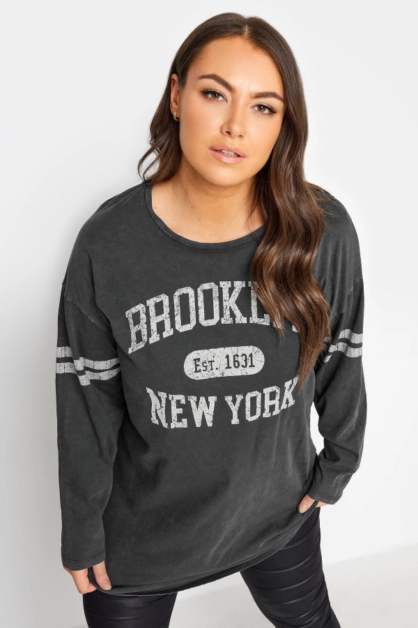 Büyük Beden Bisiklet Yaka Uzun Kollu Baskılı Yıkamalı T-shirt 302843 Vervegrand