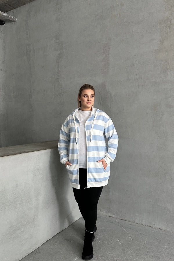 Büyük Beden Uzun Kollu Kapüşonlu Cepli Fermuarlı Hırka 74-104 Vervegrand