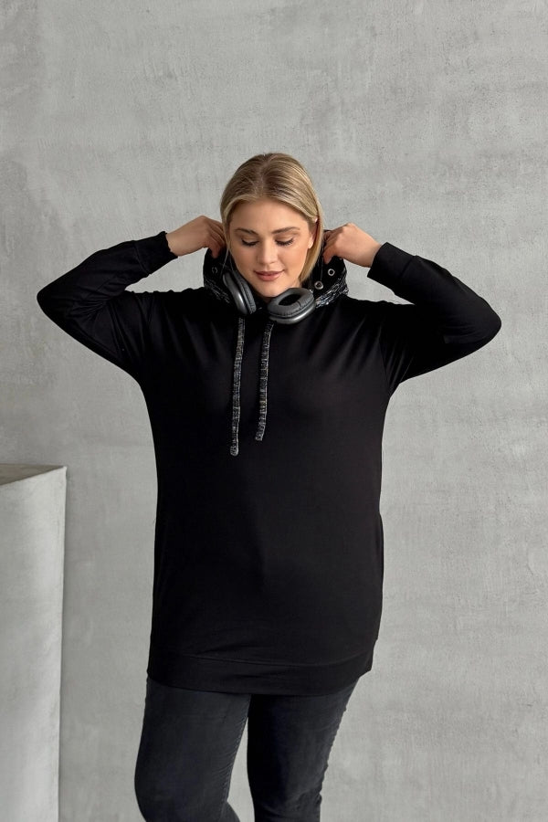 Büyük Beden Uzun Kollu Kapüşonu Desenli Cepli Sweatshirt 106-92 Vervegrand