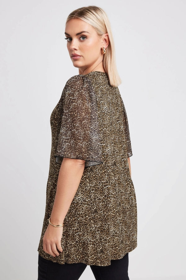 Büyük Beden V Yaka Kolları Tül Detaylı Leopar Desenli Bluz 321823 Vervegrand