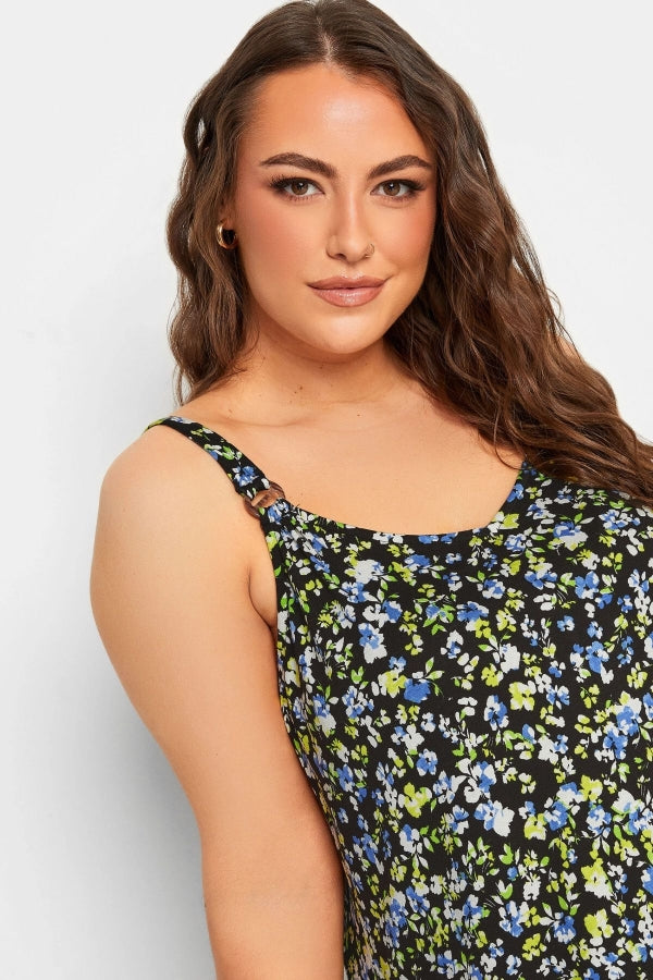 Büyük Beden Yırtmaç Detaylı Çiçek Desenli Askılı Elbise 302296 Vervegrand