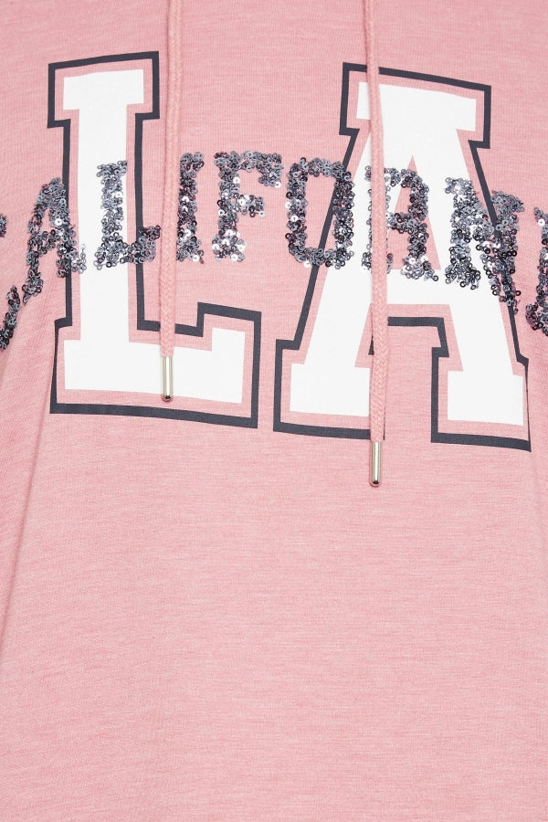 Büyük Beden Kapüşonlu Payet Ve Yazı Detaylı Uzun Kollu Cepli Sweatshirt 302567 Vervegrand