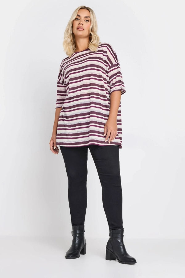 Büyük Beden Yanları Yırtmaçlı Kısa Kollu Bisiklet Yaka Çizgili T-shirt 303668 Vervegrand