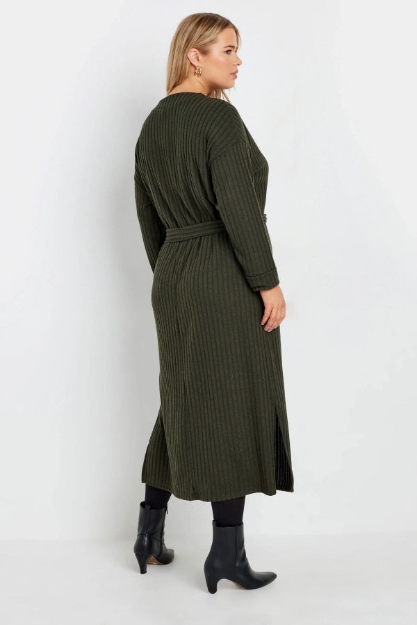 Büyük Beden Kuşaklı Düz Kesim Fitilli Uzun Kollu Astarsız Midi Elbise 322196 Vervegrand