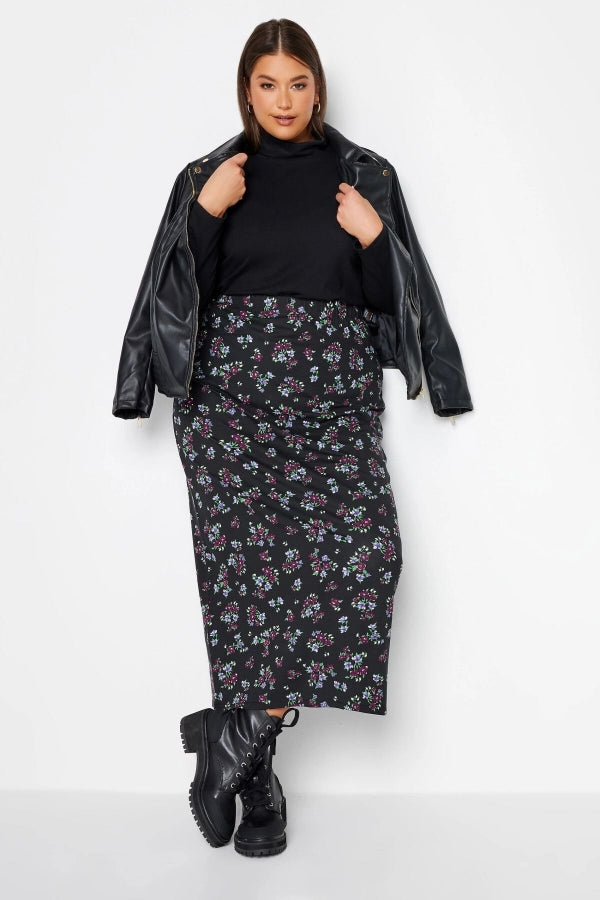 Büyük Beden Beli Lastikli Cepsiz Çiçek Desenli Uzun Etek 137619 Vervegrand