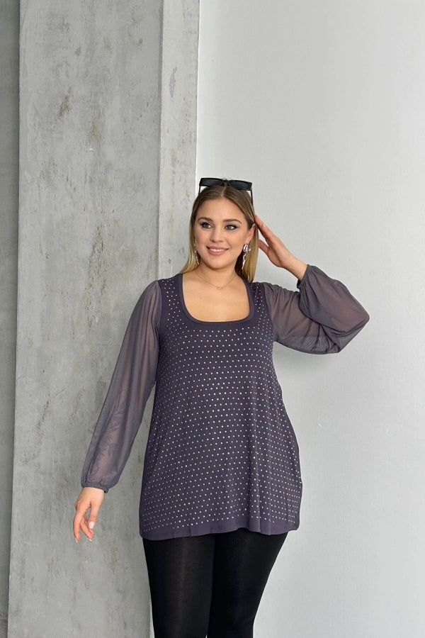 Büyük Beden Uzun Tül Kol Önü Taş İşlemeli Bisiklet Yaka Bluz 321850-U Vervegrand