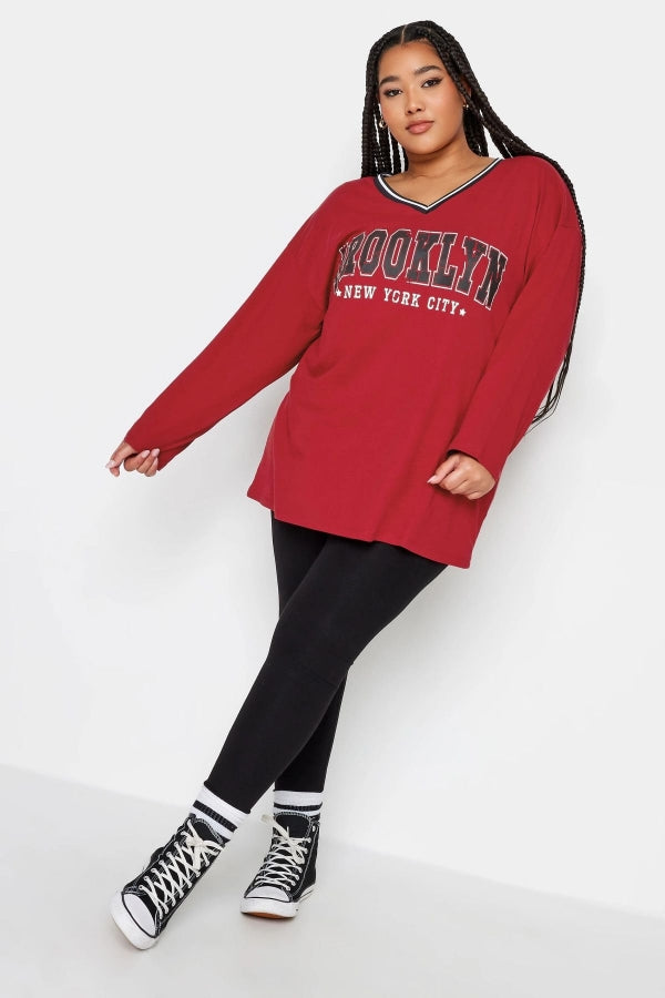 Büyük Beden V Yaka Uzun Kollu Baskılı Oversize T-shirt 321314 Vervegrand