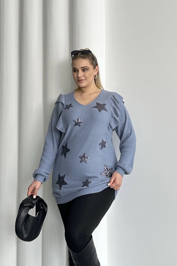 Büyük Beden Uzun Kolları Fırfırlı Yıldız Desen İşlemeli Bluz 301234 Vervegrand