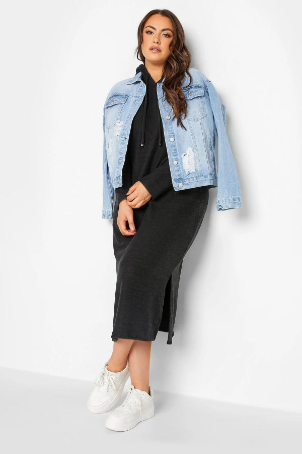 Büyük Beden Kapüşonlu Yırtmaç Detaylı Midi Boy Elbise 301554 Vervegrand