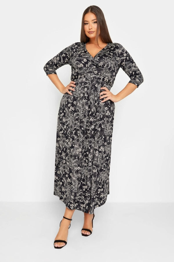 Büyük Beden V Yaka Fakir Kol Desenli Uzun Elbise 301401 Vervegrand