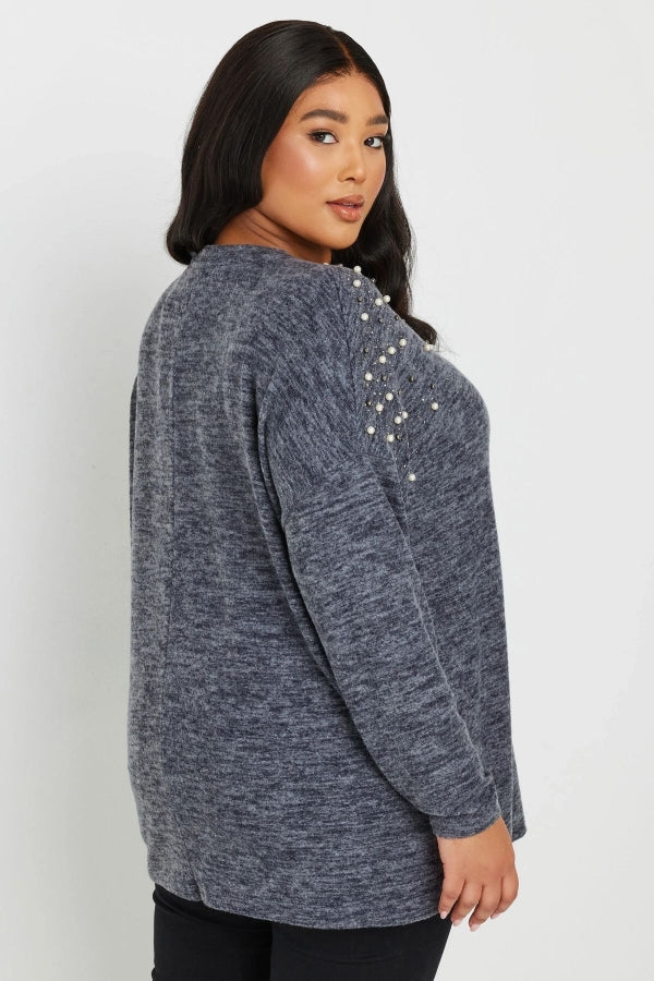 Büyük Beden V Yaka Uzun Kollu Omzu Boncuk İşlemeli Kazak 322302 Vervegrand