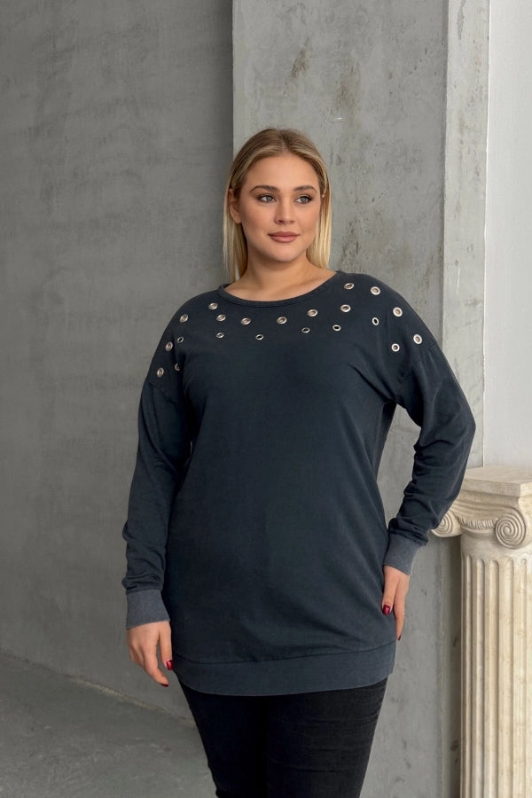 Vervegrand büyük beden sırt dekolteli pamuklu sweatshirt model üzerinde