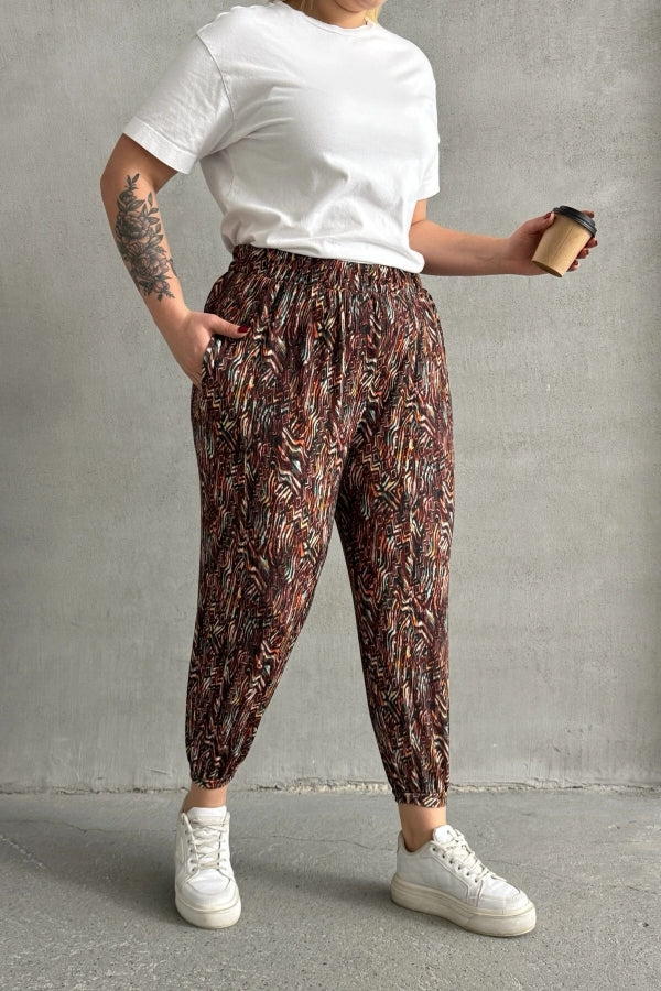 Büyük Beden Beli ve Paçası Lastikli Desenli Cepli Pantolon 74-77 Vervegrand