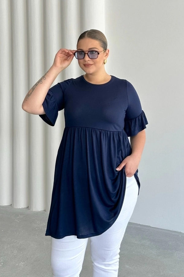 Büyük Beden Kol Detaylı Beli Lastikli Pileli Tunik T-shirt T42 Vervegrand