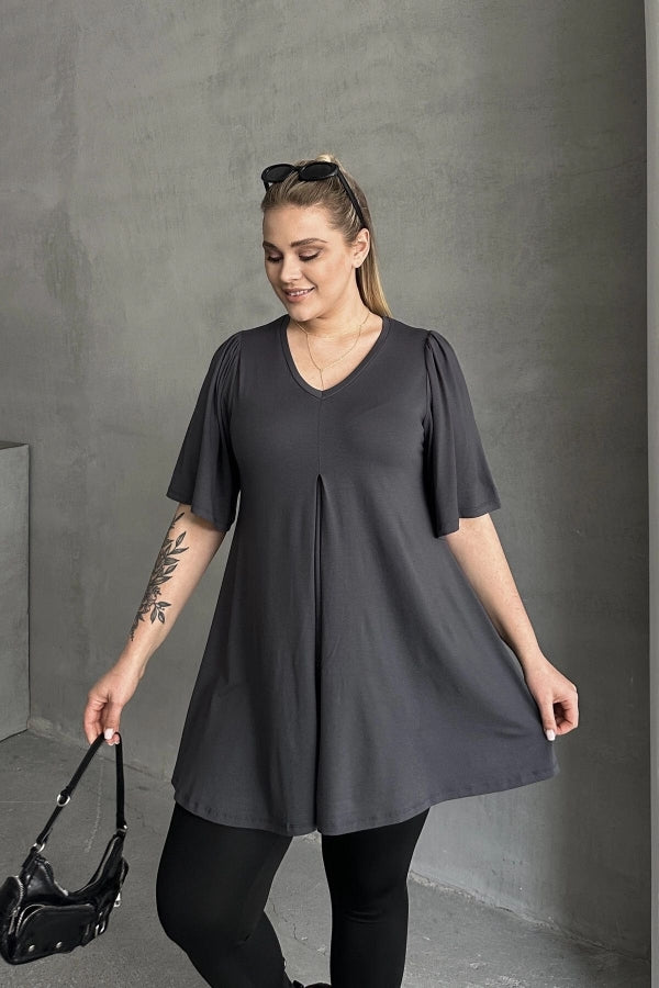 Büyük Beden V Yaka Desensiz Asimetrik Kesim Likralı Bluz MDL-3 Vervegrand